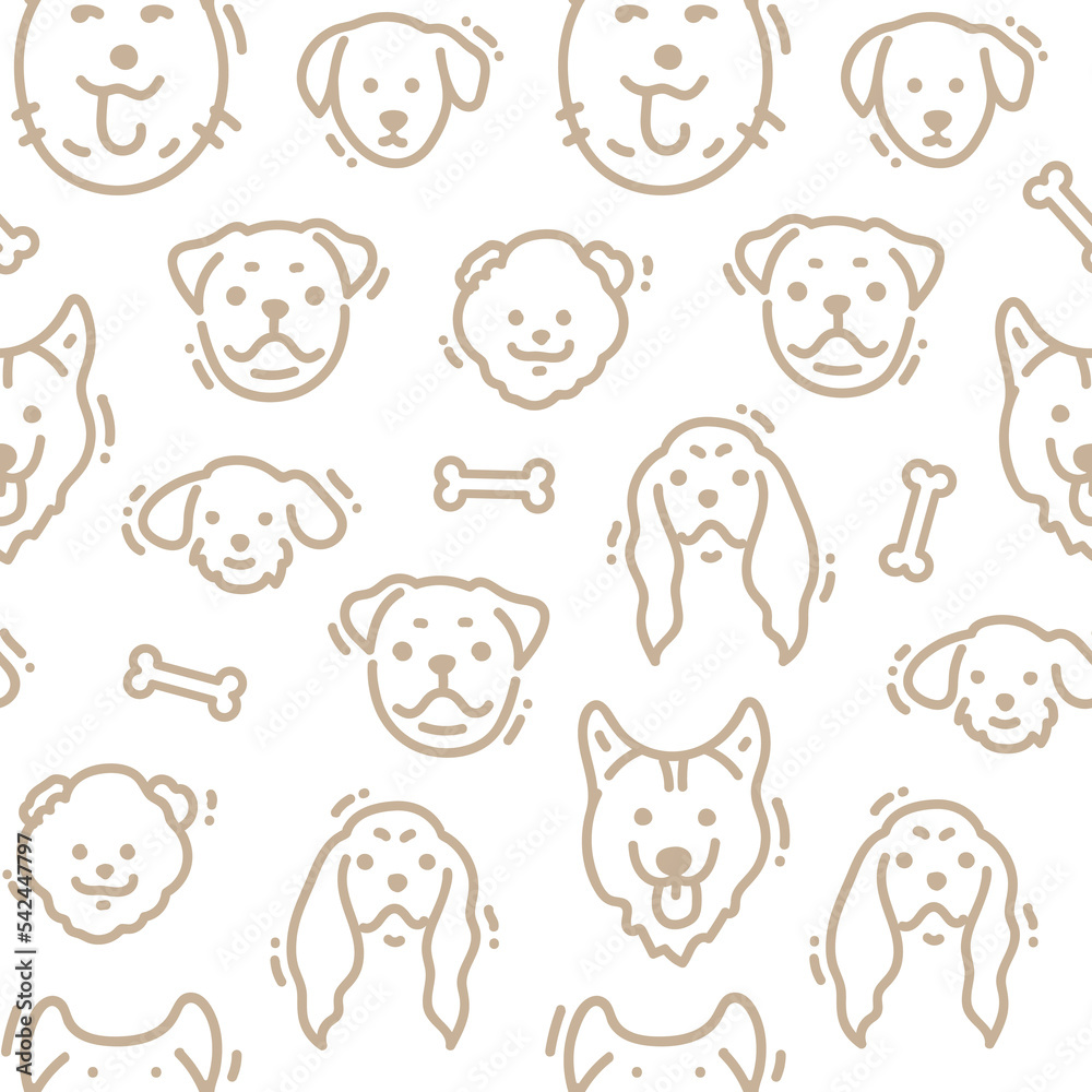 Seamless vector pattern with cute dog heads doodle style