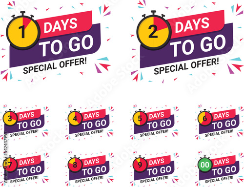 Days Left Badges and Stickers. Count time sale. Number of days left. Countdown left days banner. Count down vector banner template. Nine, eight, seven, six, five, four, three, two, one, zero days left