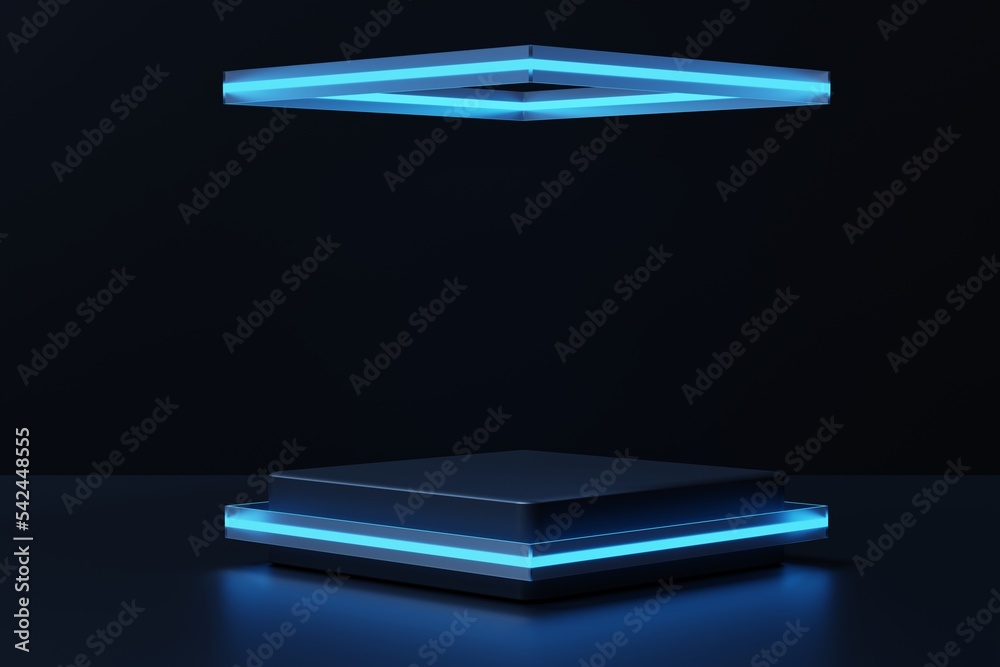 Podium with neon glow on a black background, 3d render