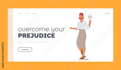Prejudice, Fake Feelings, Impostor Syndrome, Hypocrisy Landing Page Template. Sad Female Character Hide Real Emotions