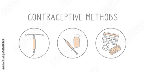 Contraceptive methods icon set. Prevent pregnancy linear simple illustration. Contraception signs. Vector