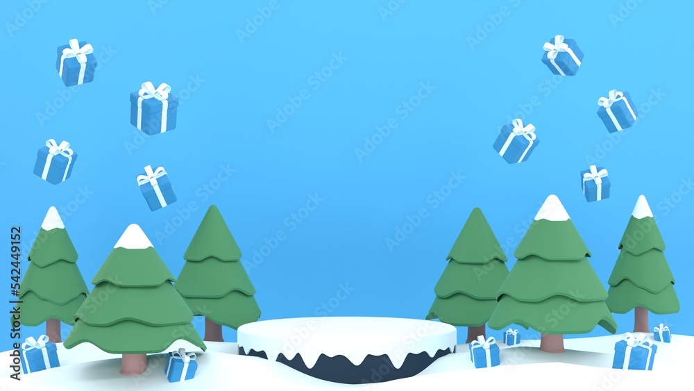 3D Winter sale product banner, podium platform with geometric shapes, gift boxes and pine tree