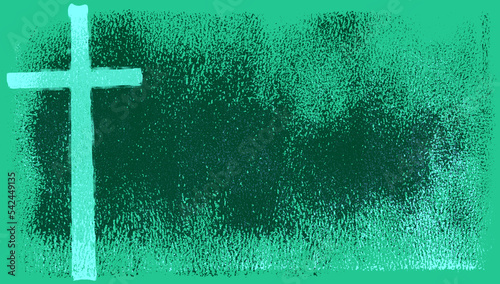 green silkscreen cross on darker brayer texture background with copy space