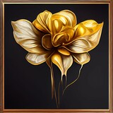 Digital illustration of a metallic golden flower painting on a black background with a wooden frame