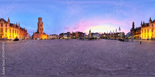 360 spherical panorama of Brugge Grote Markt square with famous tourist attraction Belfry and statue of Jan Breydel and Pieter de Coninck and Provincial Court illuminated at night. Bruges, Belgium