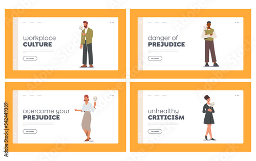 People In Masks Landing Page Template Set, Characters Hiding Faces Behind Social Masks With Fake Emotions Illustration
