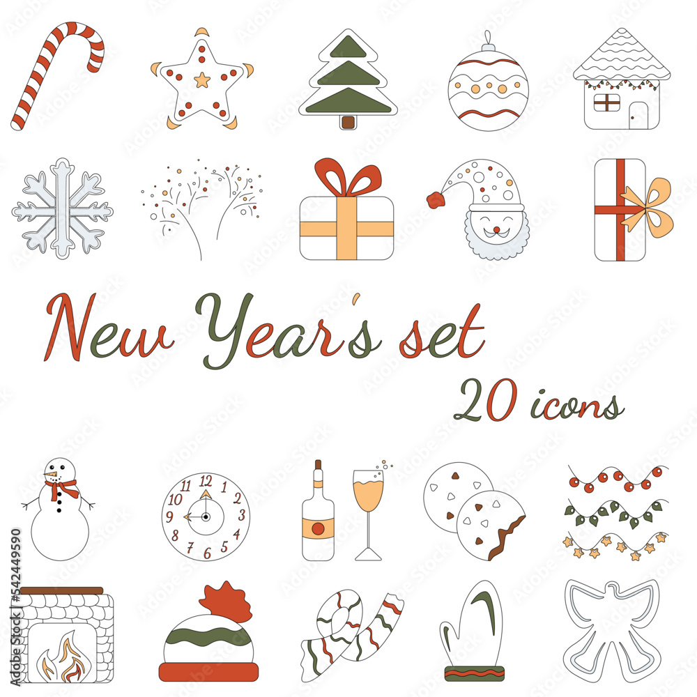 Fototapeta premium New Year icons 20 pieces. Linear set in vector