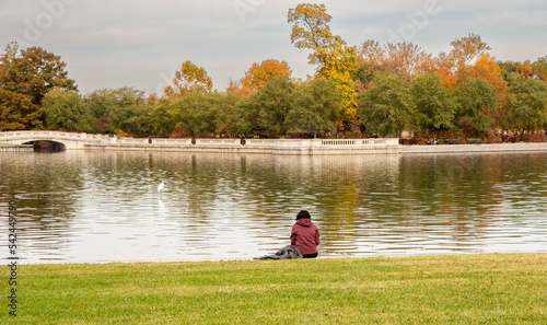 Woman sitting by a lake in the fall. Jacket the ground next to her. A pedestrian bridge to her left and colorful fall trees with leaves of red, yellow, orange and green across the lake. Egret on lake.