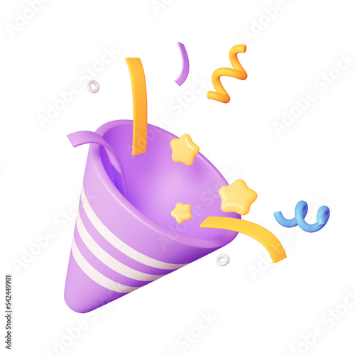 Purple Party Popper Emoji icon with confetti. illustration of 3d rendering.