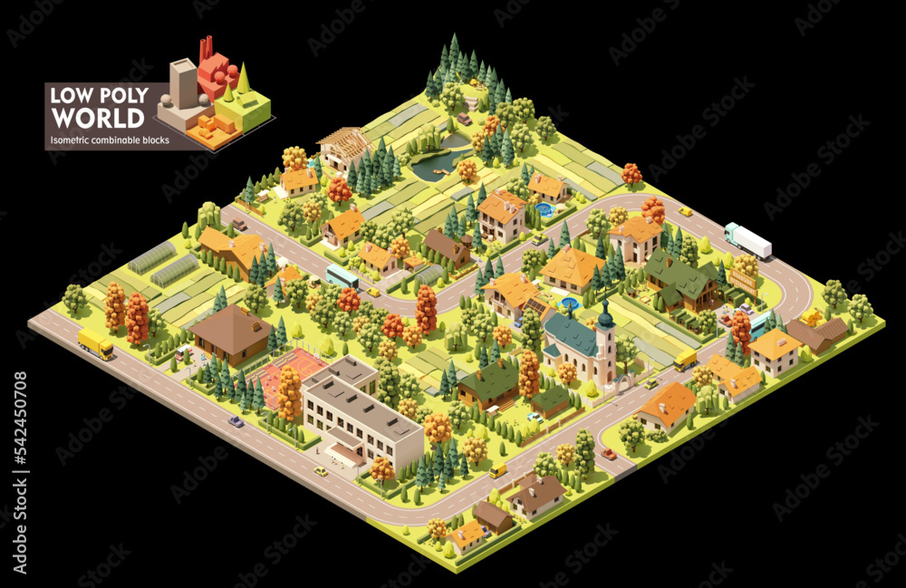 Vector isometric world map creation set. Combinable map elements. Small town or village map. Buildings, trees, ponds, forest and fields