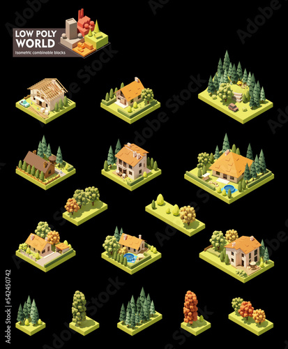 Vector isometric world map creation set. Combinable map elements. Small town or village buildings and houses, house construction site, trees, forest with tourists on picnic