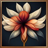 Digital illustration of a white and pink flower painting on a black background with a wooden frame