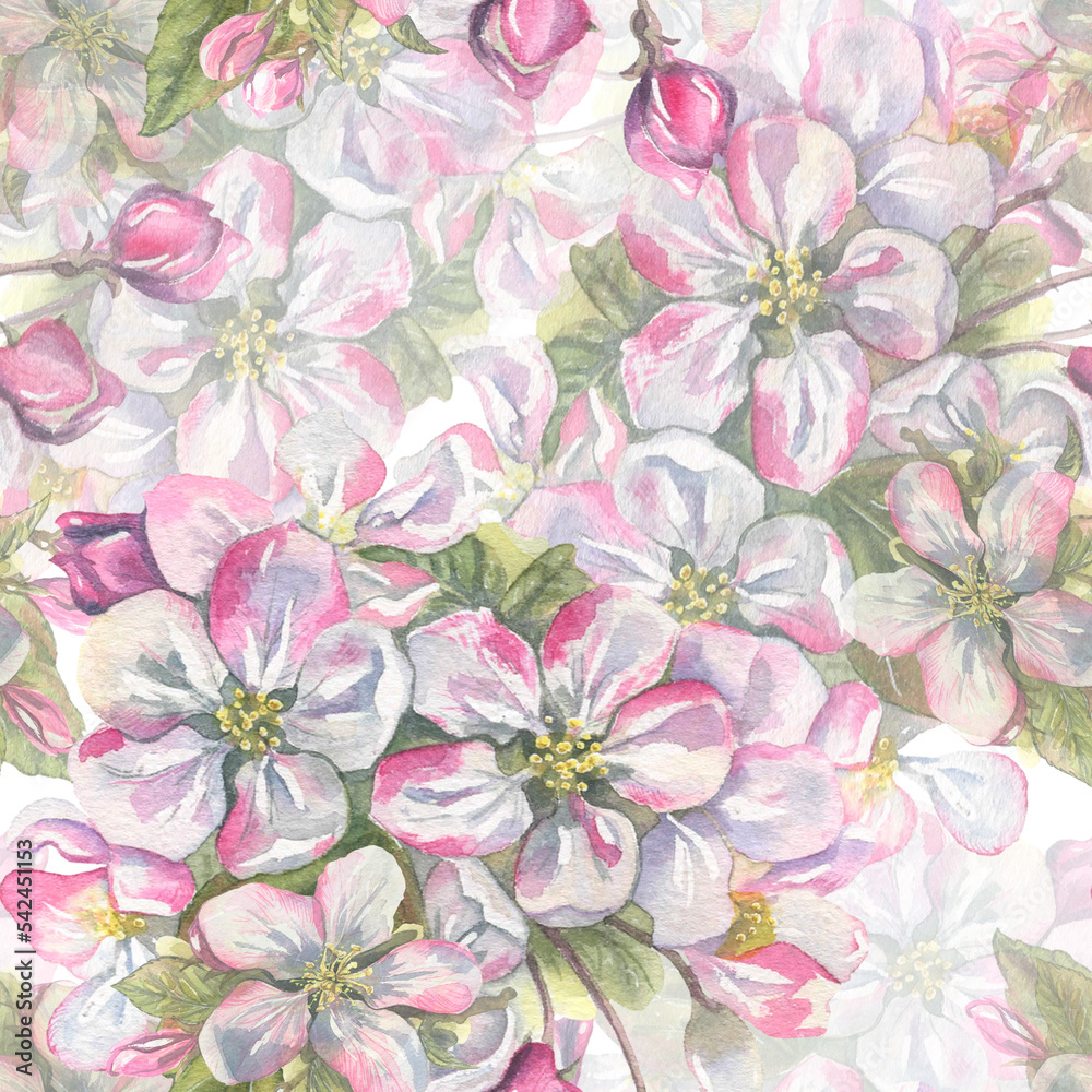 Watercolor, seamless pattern of apple, pink flowers on a white background. Spring, gentle, cute illustration for the decoration and design of fabric, textiles, wallpaper, wrapping paper, cover.