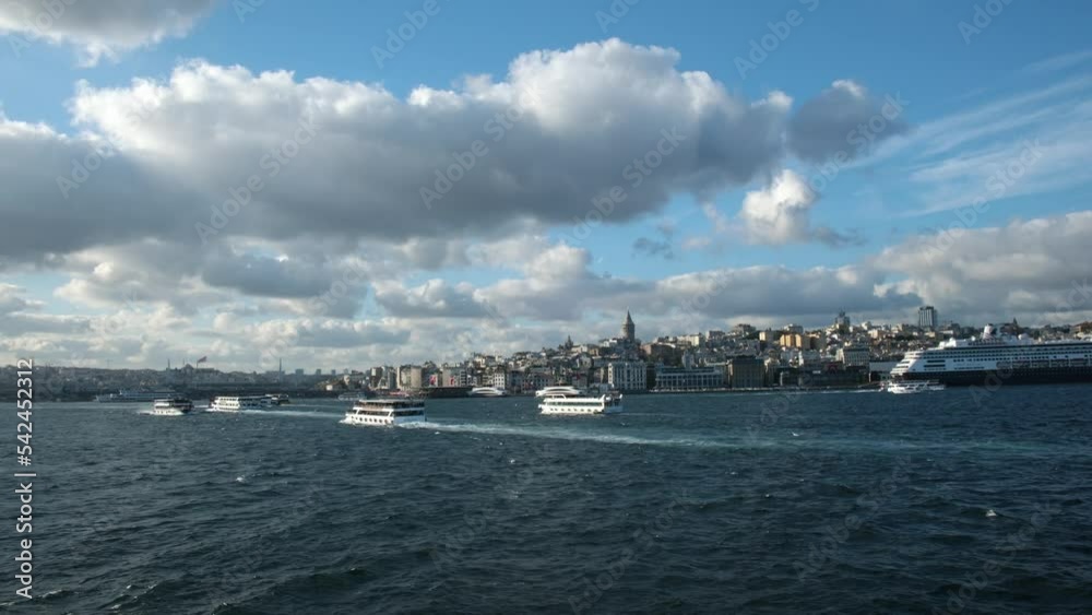 The Golden Horn and Karakoy, Istanbul landscape from the air on a partly sunny day. The Galata Bridge and The Galata Tower are visible in the background. Boats and ships are carrying passengers. The Golden Horn and Karakoy, Istanbul landscape from the air on a partly sunny day. The Galata Bridge and The Galata Tower are visible in the background. Boats and ships are carrying passengers.