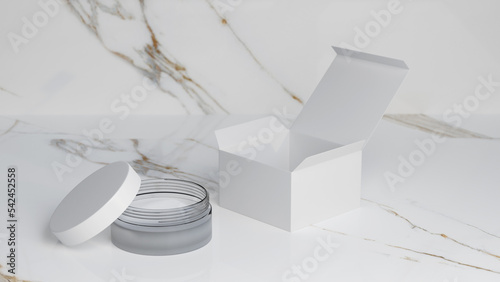 cosmetics glass jar with opened lid and product box realistic mockup photo