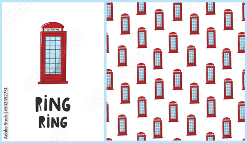Set of nursery poster with london telephone booth and seamless pattern for wallpaper, scrapbooking, textile prints, wrapping paper, etc. EPS 10