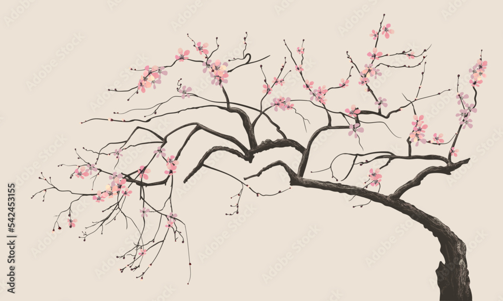 image of spring blooming sakura, a symbol of japan in a watercolor style on a light background