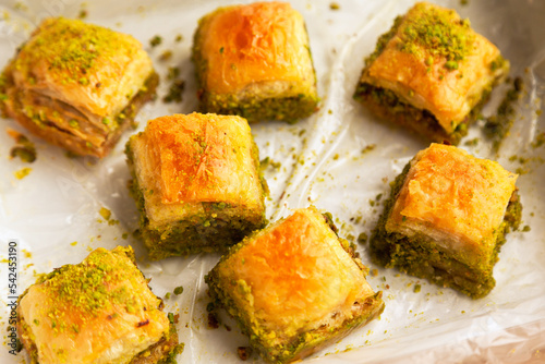 Obraz na płótnie Baklava with pistachio, one of the most beautiful desserts of Turkish cuisine, T