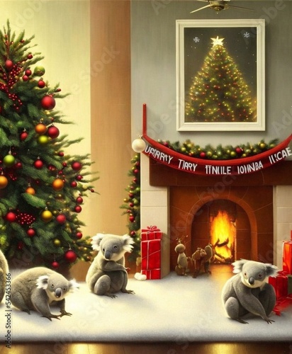 Canvas Print A Cute Koala Family Around a Christmas Tree and Fireplace, Cuddled Up in a Blank