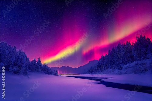 Aurora borealis on the Norway. Green northern lights above mountains. Night sky with polar lights. Night winter landscape with aurora and reflection on the water surface. Natural back