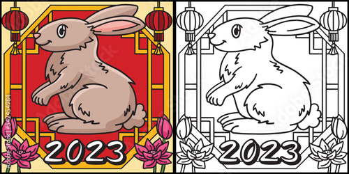 Fototapeta Naklejka Na Ścianę i Meble -  2023 Year Of The Rabbit Coloring Page Illustration