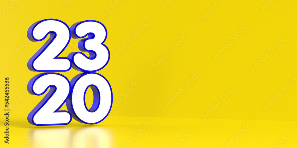 3D render number of New Year 2023 yellow blue empty space 3D render number of New Year 2023 yellow blue empty space
