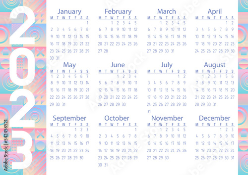 Vector. Calendar 2023. Geometric pattern. Neon, holography, gradient, shapes. Circles, squares, triangles.