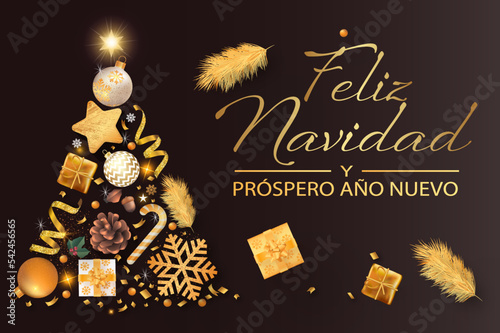tarjeta o pancarta para desear una Feliz Navidad y un Feliz Año Nuevo en oro sobre un fondo negro con un árbol formado por una bola de Navidad, serpentina, abeto, estrella, regalos, bastón de caramelo