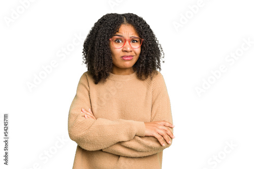 Young african american woman isolated unhappy looking in camera with sarcastic expression.
