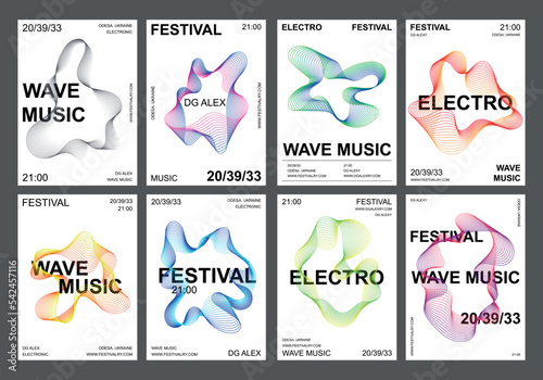 Set 8 abstract music posters, line pattern vector style, modern white background design, trending gradient, sound amplitude, dynamic shape. Minimalist print template, banner cover flyer, festival club