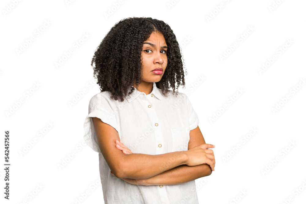Young african american woman isolated suspicious, uncertain, examining you. Young african american woman isolated suspicious, uncertain, examining you.