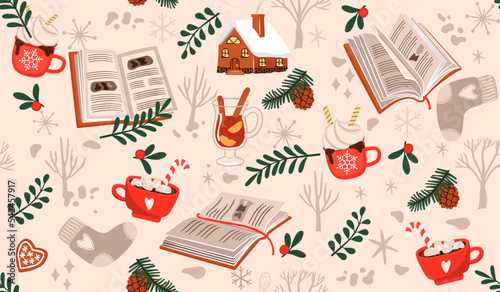 Cozy home seamless pattern with books,winter drink and house.Cocoa with marshmallow, hot chocolate, spicy wine, twigs, cones, socks. Beige background.Vector cartoon illustration.Winter holyday concept