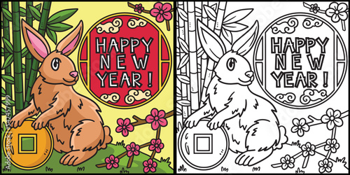 Happy New Year Rabbit Coloring Page Illustration