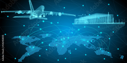 3D rendering illustration aeroplane cargo ship and Lorry truck with world maps blueprint glowing neon hologram futuristic show technology security for premium product business finance  transportation