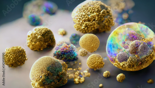 Imaginary picture of animal cells with exposed organelles seen at microscope, gold and rainbow colors as contrast, for abstract works. Digital 3D illustration. photo