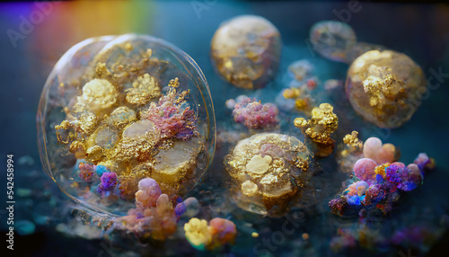 Imaginary picture of animal cells with exposed organelles seen at microscope, gold and rainbow colors as contrast, for abstract works. Digital 3D illustration. photo