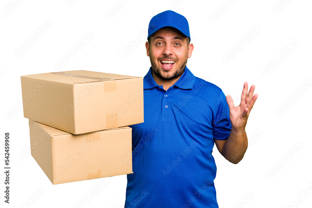Delivery caucasian man isolated receiving a pleasant surprise, excited and raising hands. Delivery caucasian man isolated receiving a pleasant surprise, excited and raising hands.