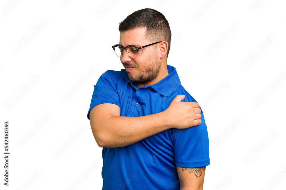 Young caucasian man isolated having a shoulder pain. Young caucasian man isolated having a shoulder pain.