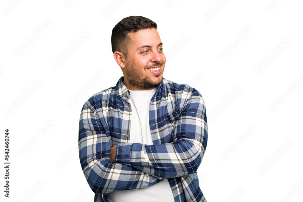 Young caucasian man isolated smiling confident with crossed arms.