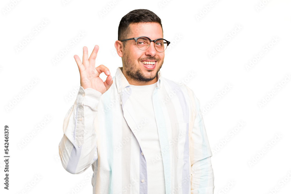 Young caucasian man isolated cheerful and confident showing ok gesture. Young caucasian man isolated cheerful and confident showing ok gesture.