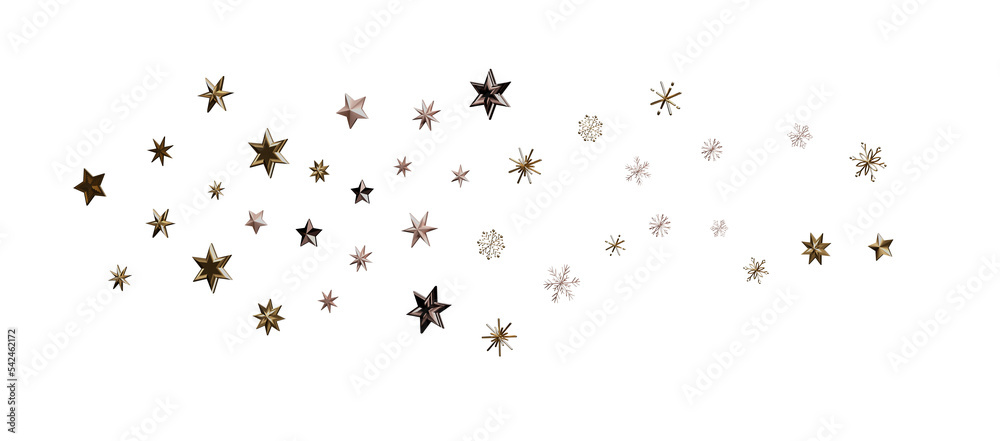 golden openwork shiny snowflakes, star, 3D rendering.