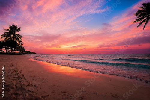 beautiful exotic beach with palm trees over the ocean at sunset with pink clouds, landscape, generative AI