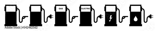 Car filing station. Gasoline car and electric car at the refueling station. Electrical cable plugs with pump. electric parking, charge pin location.  
Vector illustration