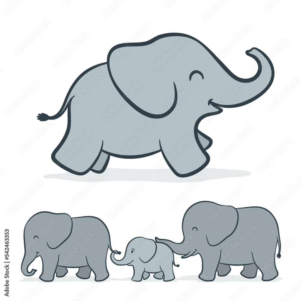 Cartoon illustration of baby elephant with family