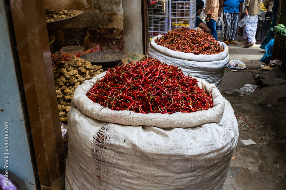 sack with Dried Red chilli. hot peppers in the market.
