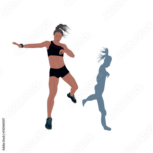 A young girl in sportswear jumps up, against the background of a shadow Vector illustration
