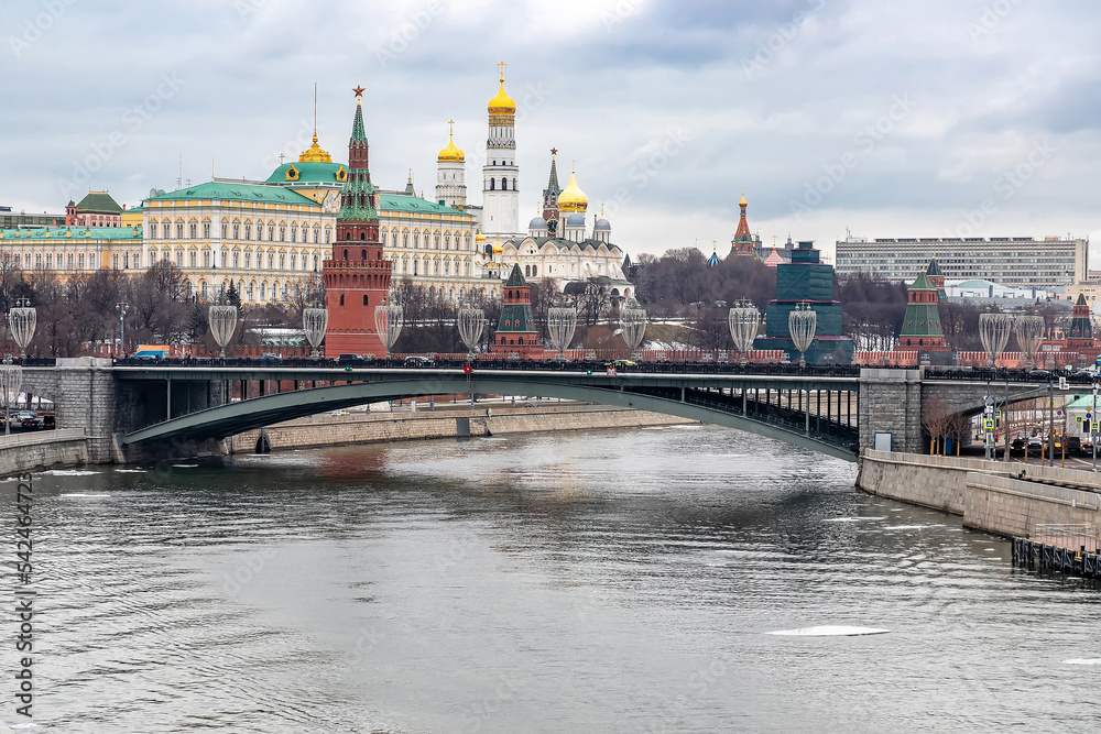 View of the embankment of the Moscow Kremlin on Red Square in Moscow in winter