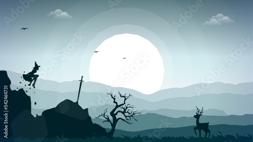 landscape with moon, deer and witch. witch floating on the rock. mountains walpaper. witch background for desktop. fantasy wallpaper.