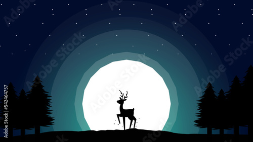 Gradient sky background with moon, tree and deer. silhouette of a deer in the forest under night sky with full moon. gradient sky background with moon, tree and deer.  © riansa28