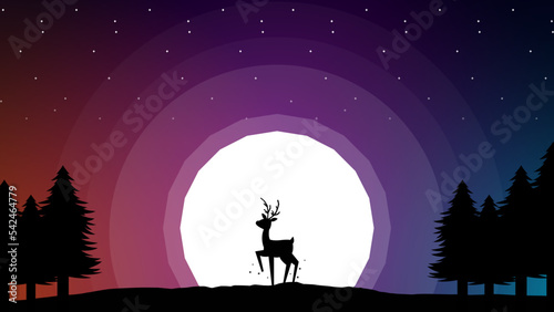 silhouette of a deer in the forest under night sky with full moon. gradient sky background with moon, tree and deer. Deer and the moon walpaper. Beautiful sky in the night.